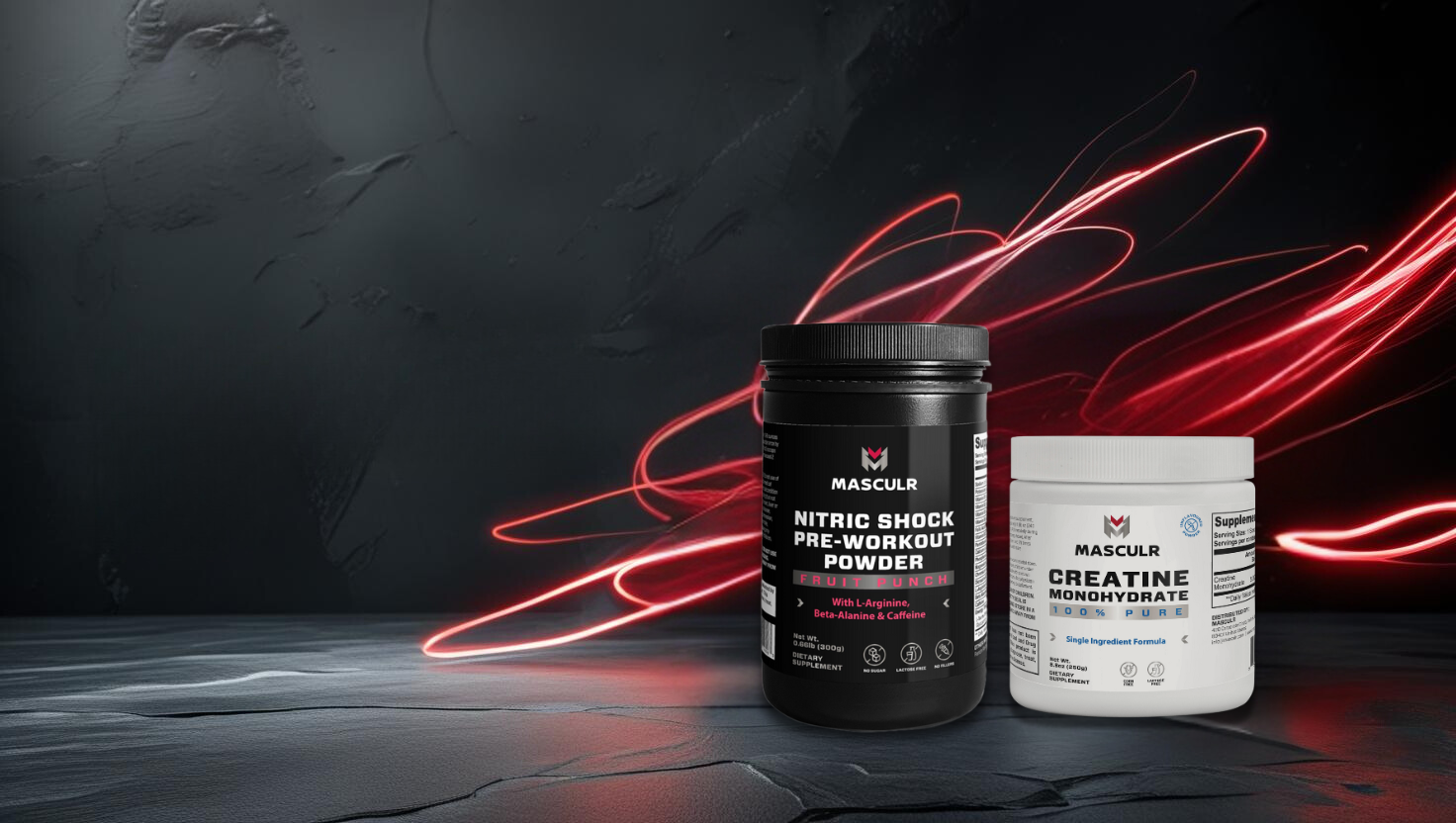 Two supplement containers on a dark surface with red light streaks